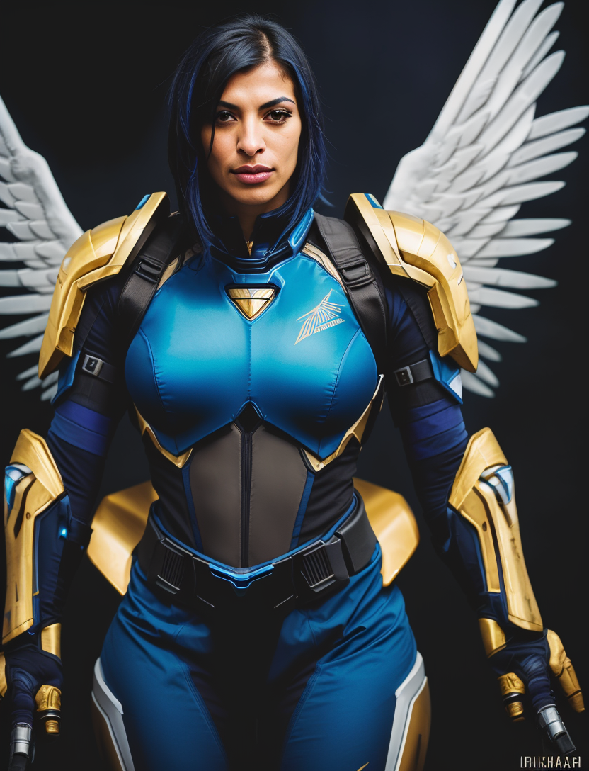 solo mid shot portrait photo of a real life version of pharah <lora:Wrise_Pharah:0.5>
